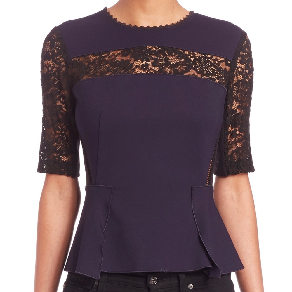 Rebecca Taylor Women's Blue Ponte Lace Peplum Top